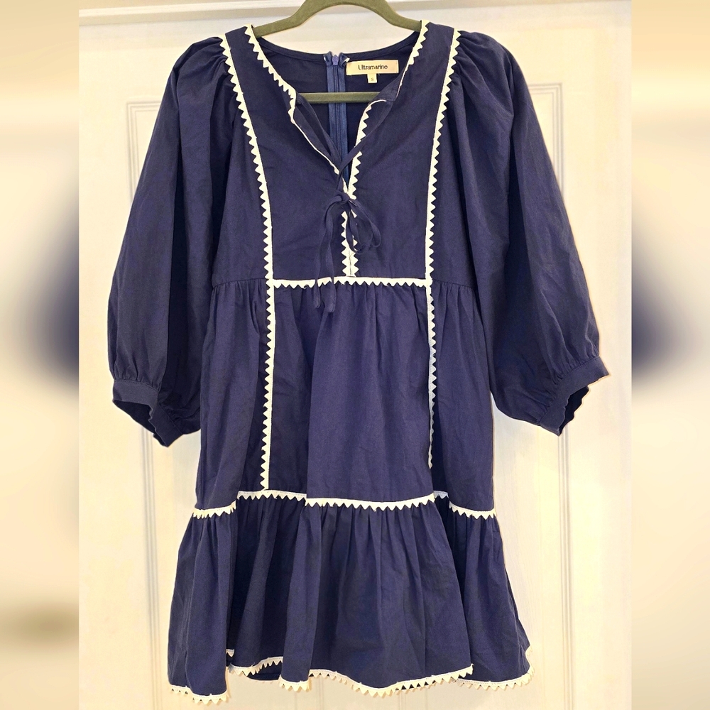 Ultramarine Navy Dress with White Ric Rac Accents